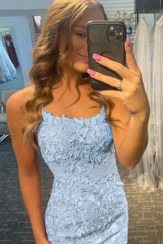 Backless Short Light Blue Lace Prom Dresses, Short Light Blue Lace For Eip Collection Backless Short Light Blue Lace Prom Dresses, Short Light Blue Lace For Eip Collection