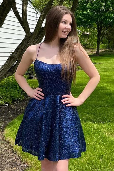 Backless Short Navy Blue Prom Dresses, Open Back Short Blue Formal Homecoming Dresses