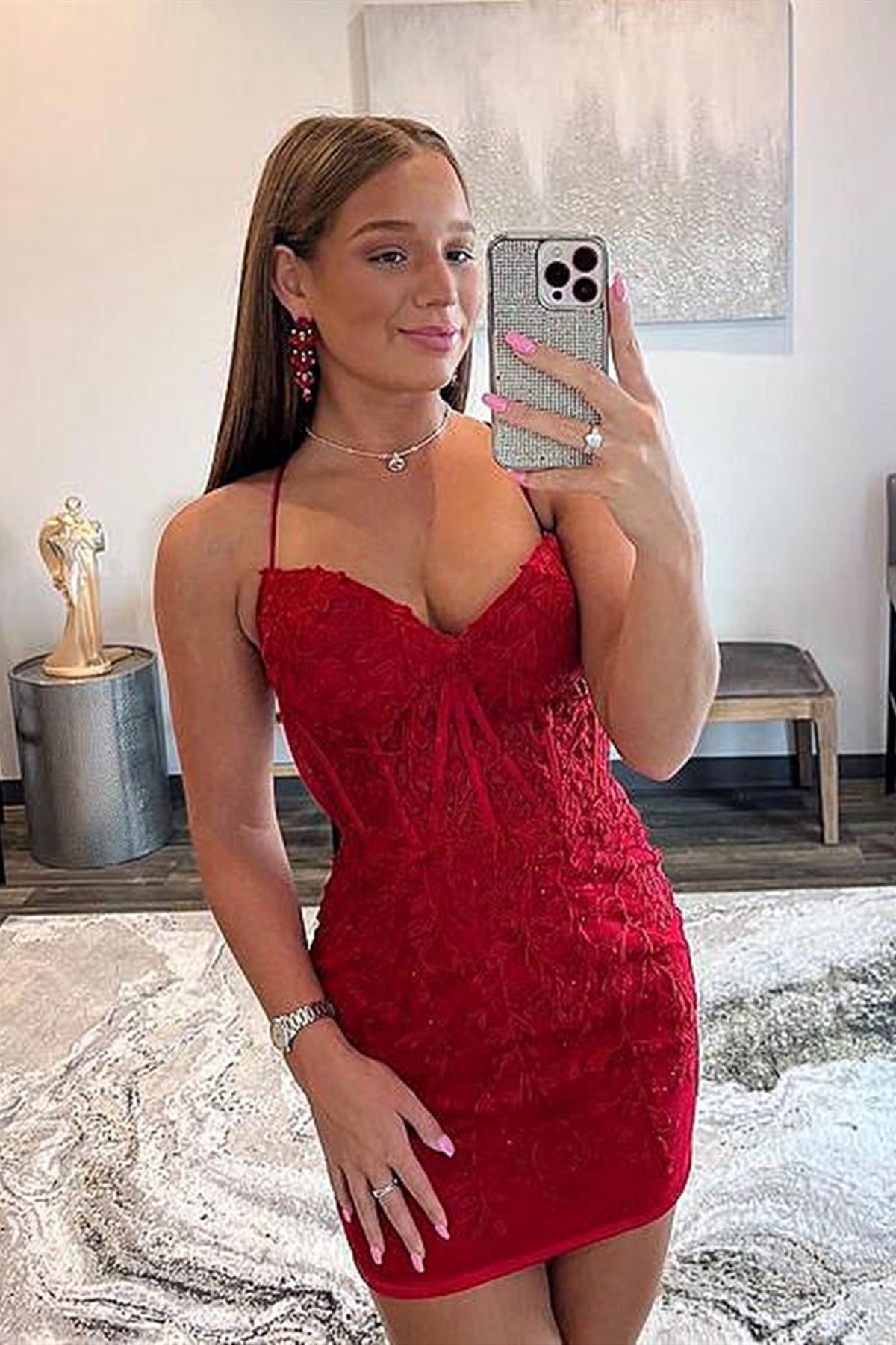 Backless Short Red Lace Prom Dresses, Open Back Short Red Lace Graduat   Eip Collection