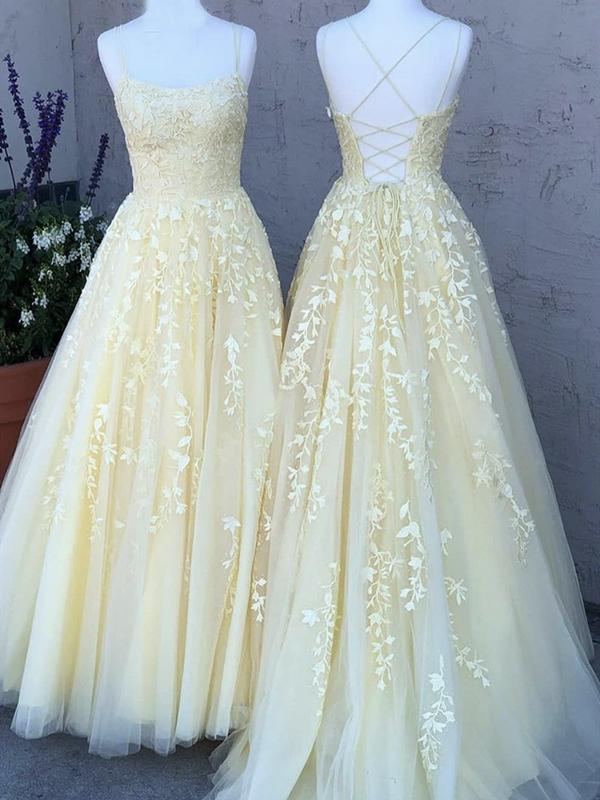 Backless Yellow Tulle Long Lace Prom Dresses, Open Back Yellow Lace Formal Evening Dresses