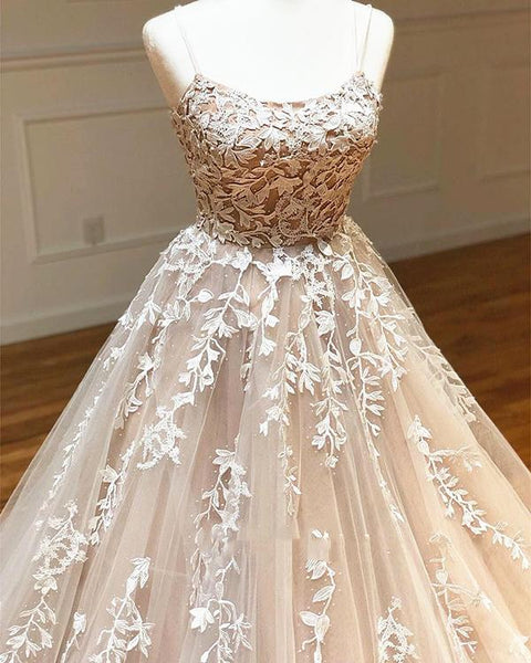 Backless Champagne Lace Wedding Dresses, Backless Champagne Lace Formal Prom Evening Dresses