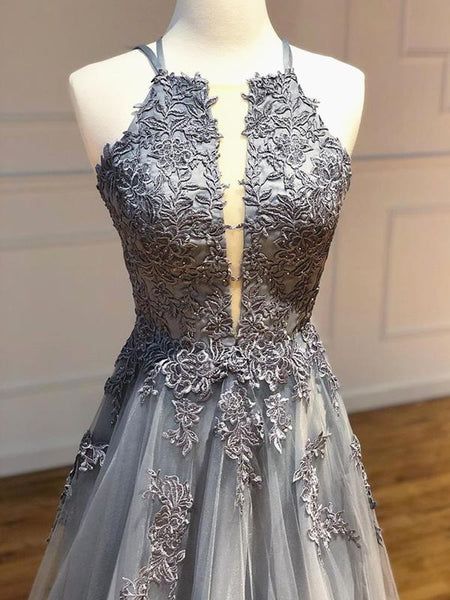 Backless Gray Lace Prom Dresses, Backless Gray Lace Formal Evening Graduation Dresses