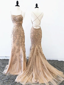Backless Mermaid Champagne Lace Prom Dresses, Champagne Backless Mermaid Lace Formal Evening Dresses