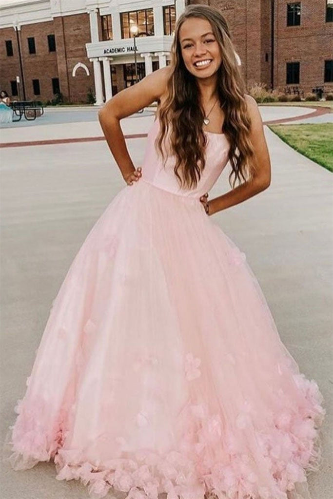 Beauty Pink Floral Tulle Long Prom Dresses, Pink Formal Dresses with 3 Eip Collection Beauty Pink Floral Tulle Long Prom Dresses, Pink Formal Dresses with 3 Eip Collection