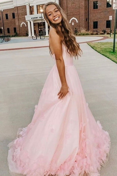Beauty Pink Floral Tulle Long Prom Dresses, Pink Formal Dresses with 3D Flowers, Long Pink Evening Dresses EP1672