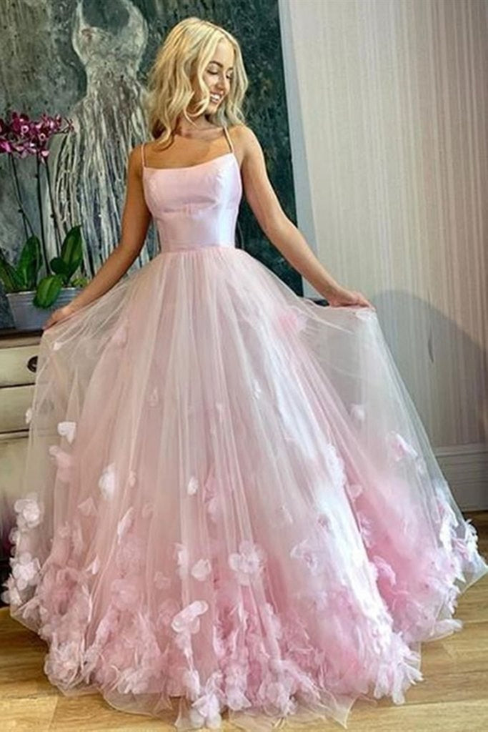 Beauty Pink Floral Tulle Long Prom Dresses, Pink Formal Dresses with 3 –  Eip Collection