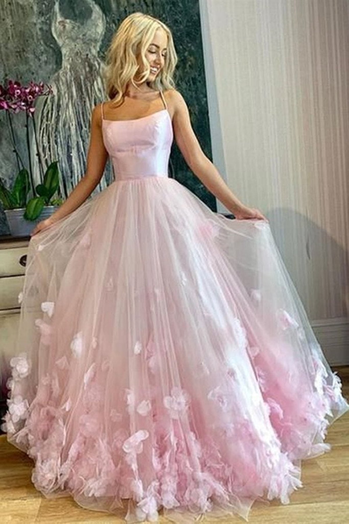 Beauty Pink Floral Tulle Long Prom Dresses, Pink Formal Dresses with 3 Eip Collection Beauty Pink Floral Tulle Long Prom Dresses, Pink Formal Dresses with 3 Eip Collection