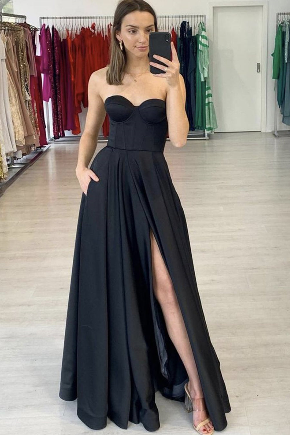 Black Satin A Line Long Prom Dress High Slit Formal Dress Strapless Bl Eip Collection Black Satin A Line Long Prom Dress High Slit Formal Dress Strapless Bl Eip Collection