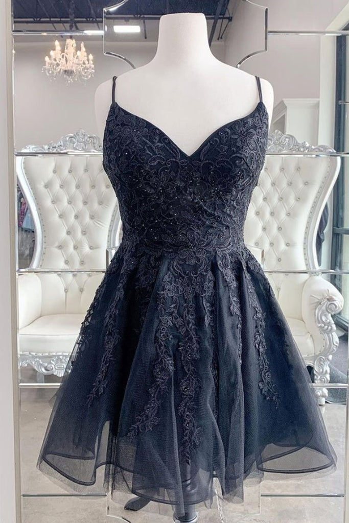 Black V Neck Backless Lace Short Prom Dresses, Backless Black Lace Hom Eip Collection Black V Neck Backless Lace Short Prom Dresses, Backless Black Lace Hom Eip Collection