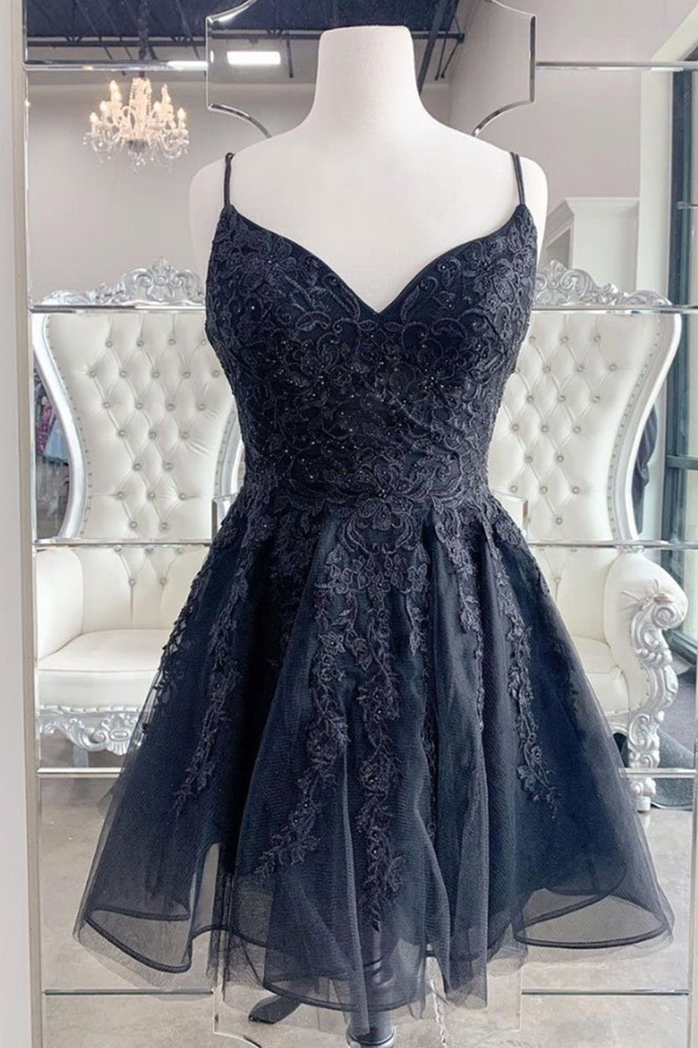 Black V Neck Backless Lace Short Prom Dresses, Backless Black Lace Hom Eip Collection Black V Neck Backless Lace Short Prom Dresses, Backless Black Lace Hom Eip Collection