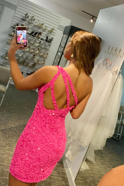 Bling Bling One Shoulder Short Hot Pink Prom Dresses, Short Hot Pink Formal Homecoming Dresses