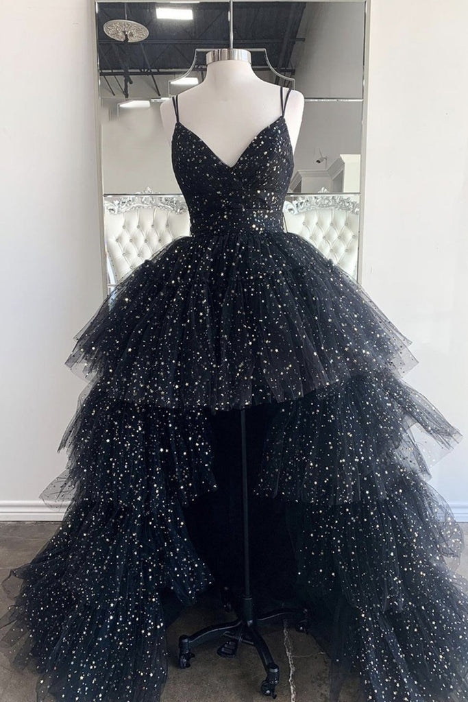 Bling Bling V Neck High Low Black Long Prom Dresses, Fluffy Black Form Eip Collection Bling Bling V Neck High Low Black Long Prom Dresses, Fluffy Black Form Eip Collection
