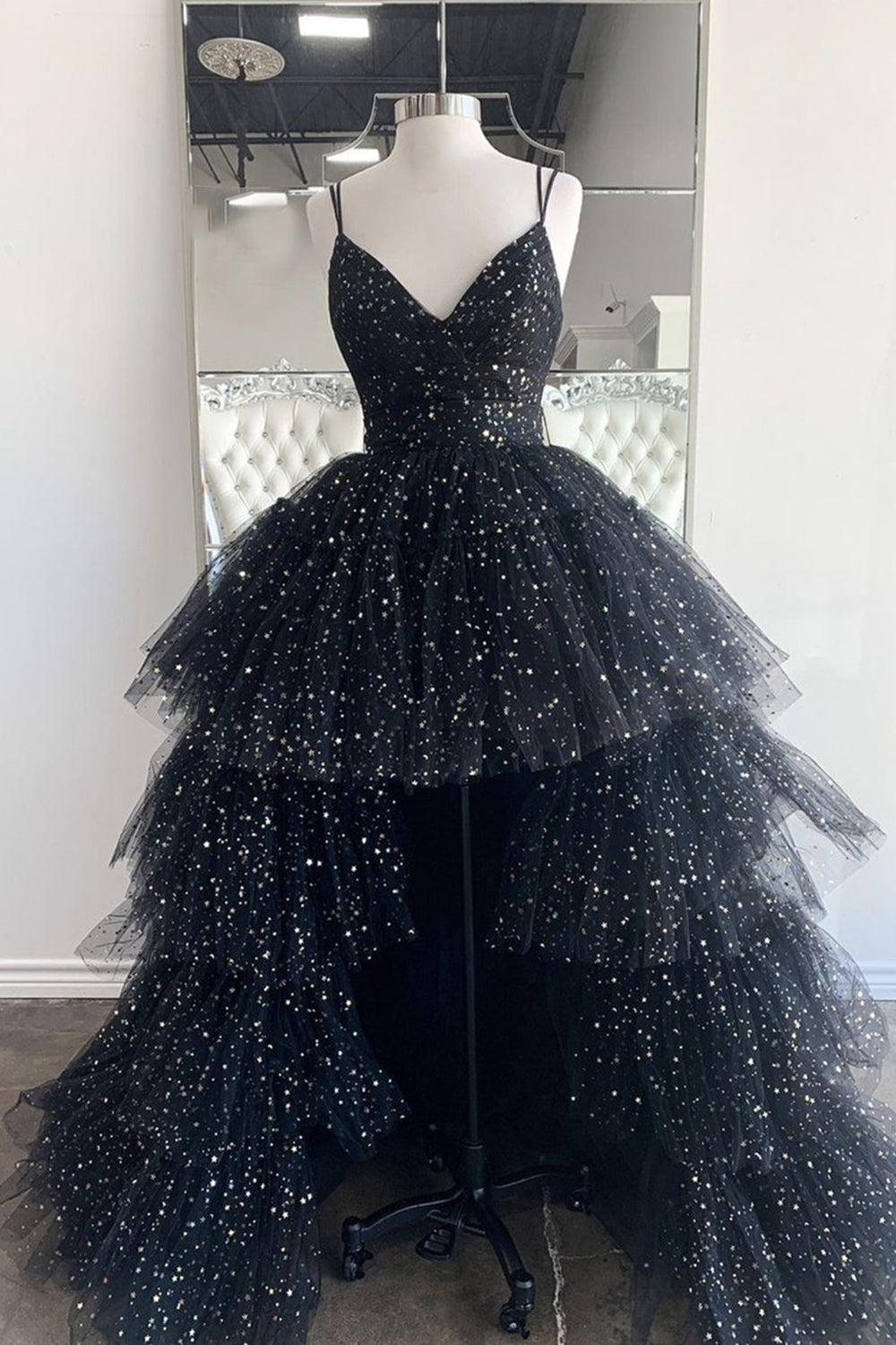 Bling Bling V Neck High Low Black Long Prom Dresses, Fluffy Black Form Eip Collection Bling Bling V Neck High Low Black Long Prom Dresses, Fluffy Black Form Eip Collection