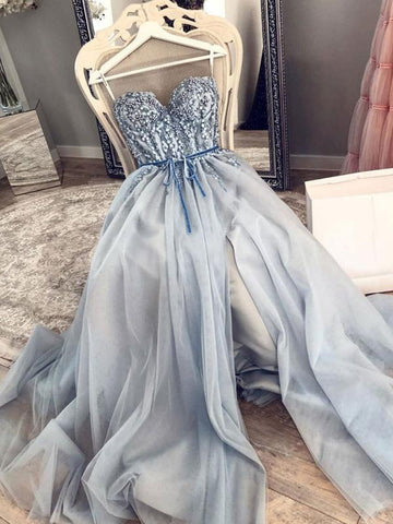 Blue Beaded Long Prom Dresses, Sweetheart Neck Blue Long Formal Evening Dresses with Beadings