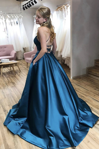 Blue Satin Backless A Line Long Prom Dress with Pocket Thin Straps Formal Dress Open Back Blue Evening Dress