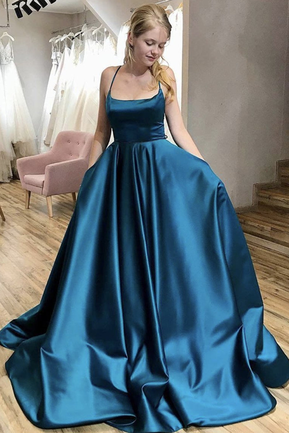 Blue Satin Backless A Line Long Prom Dress with Pocket Thin Straps For Eip Collection Blue Satin Backless A Line Long Prom Dress with Pocket Thin Straps For Eip Collection