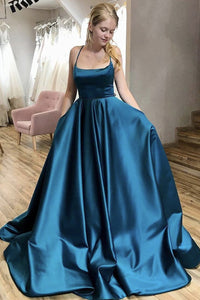 Blue Satin Backless A Line Long Prom Dress with Pocket Thin Straps Formal Dress Open Back Blue Evening Dress