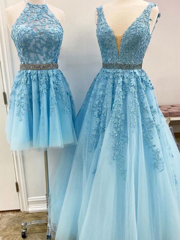 Blue Tulle Lace Prom Dresses, Blue Tulle Lace Formal Evening Dresses