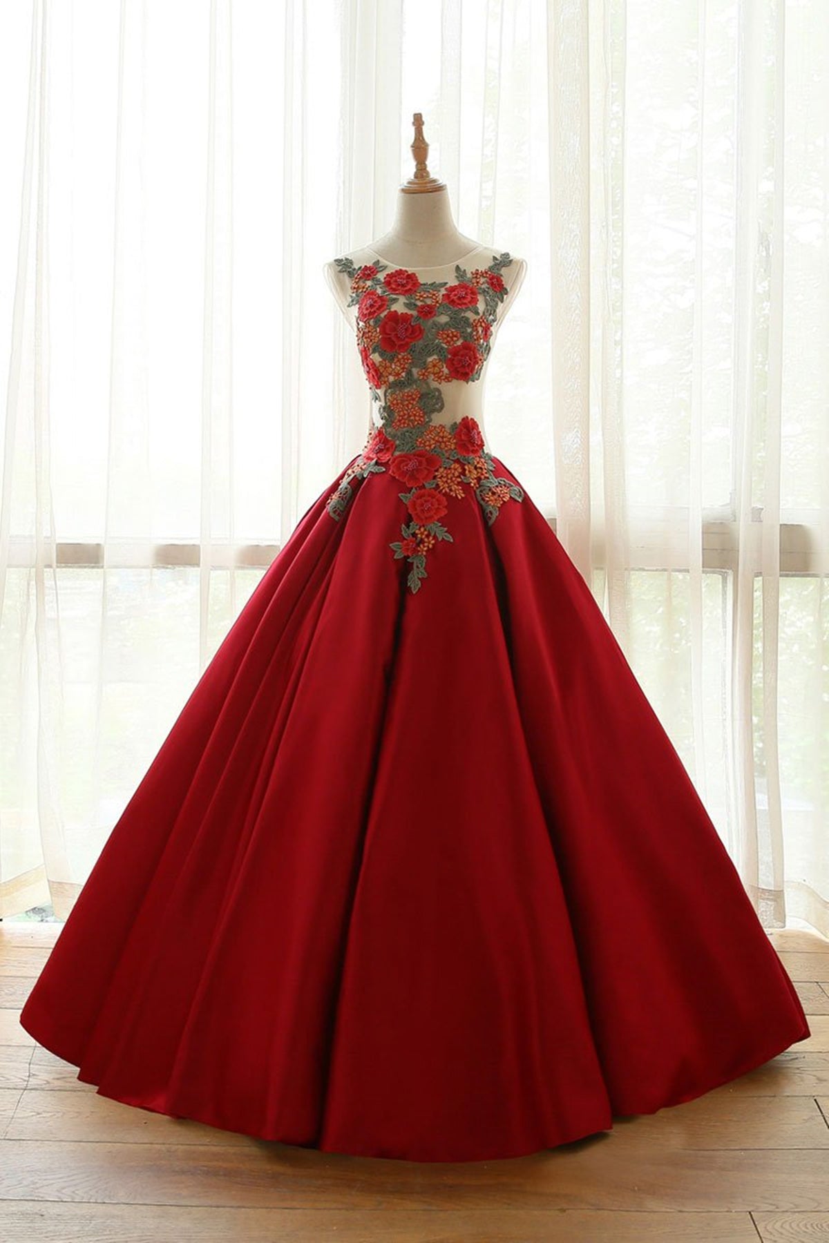 Burgundy Floral Long Prom Dresses, Wine Red Long Flower Formal Evening Dresses