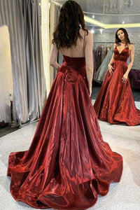 Burgundy Satin Open Back A Line Long Prom Dress V Neck Open Back Formal Dress Thin Straps Evening Dress