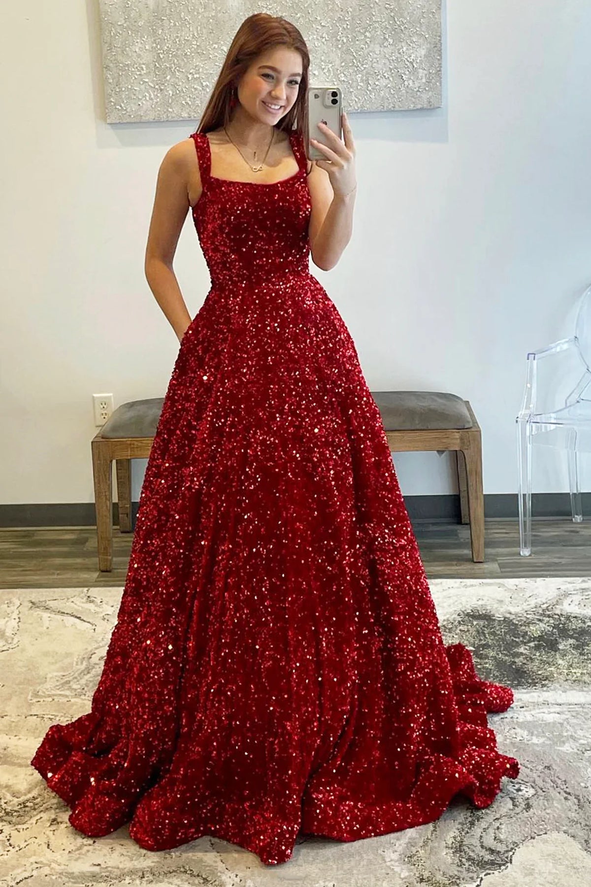 Burgundy Sequins Long Prom Dresses, Shiny Wine Red Long Formal Evening Dresses