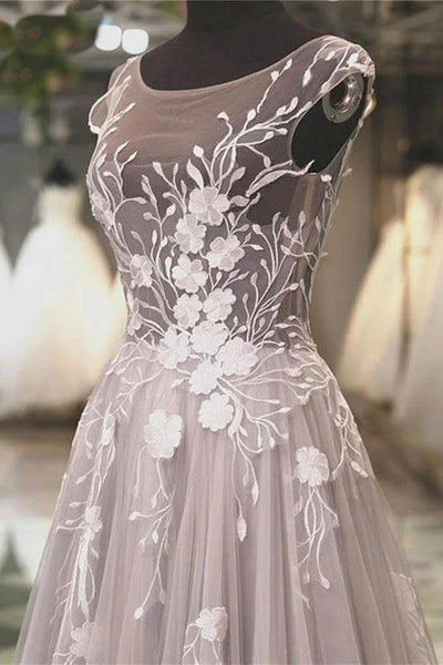 Cap Sleeves Backless Gray Lace Long Prom Dresses, Grey Lace Formal Dresses, Appliques Gray Evening Dresses EP1424