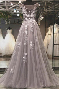 Cap Sleeves Backless Gray Lace Long Prom Dresses, Grey Lace Formal Dresses, Appliques Gray Evening Dresses EP1424