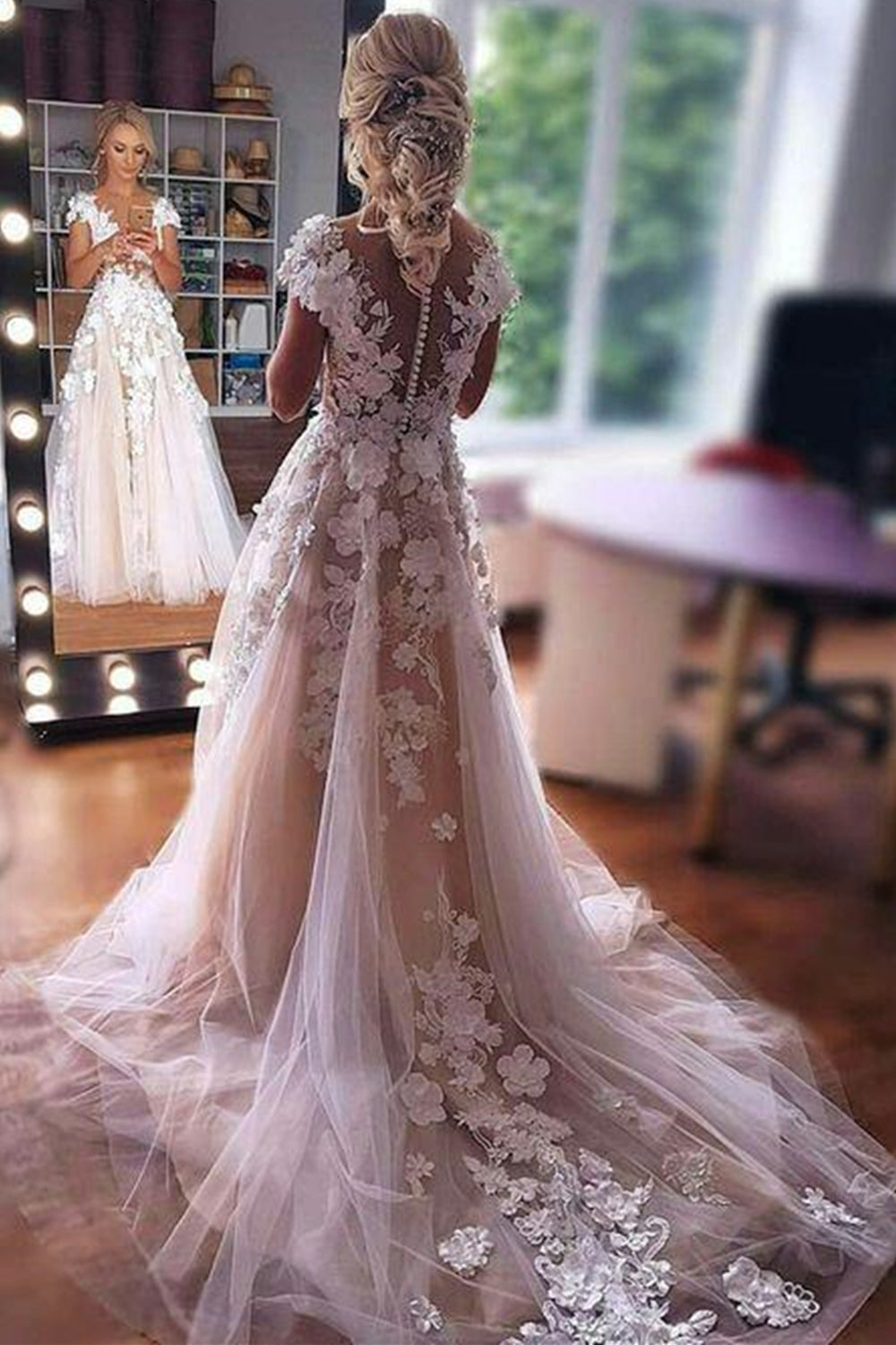 Cap Sleeves Champagne Lace Appliques Prom Wedding Dresses with Train, Champagne Lace Formal Dresses, Champagne Evening Dresses EP1421