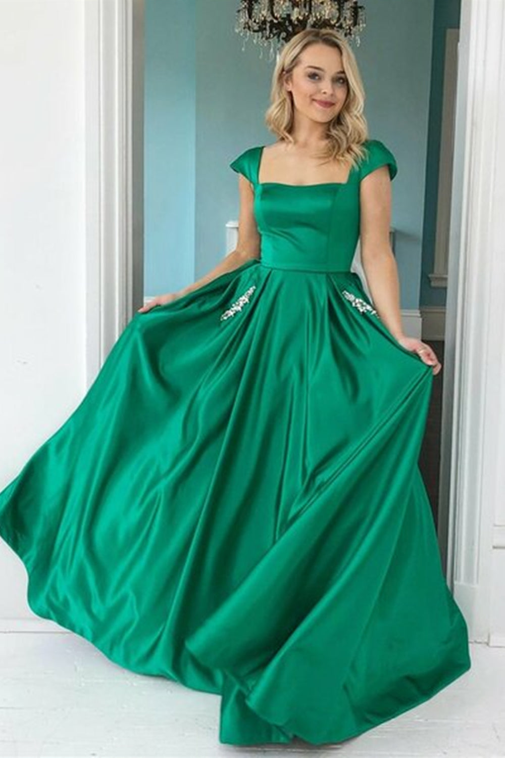 Cap Sleeves Green Satin Long Prom Dresses with Pocket, Green Formal Graduation Evening Dresses EP1453
