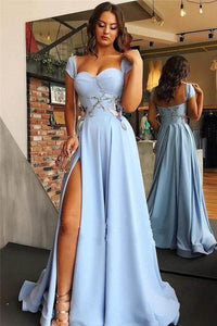 Cap Sleeves Sweetheart Neck Open Back Light Blue Long Prom Dresses with High Slit, Light Blue Formal Graduation Evening Dresses EP1690