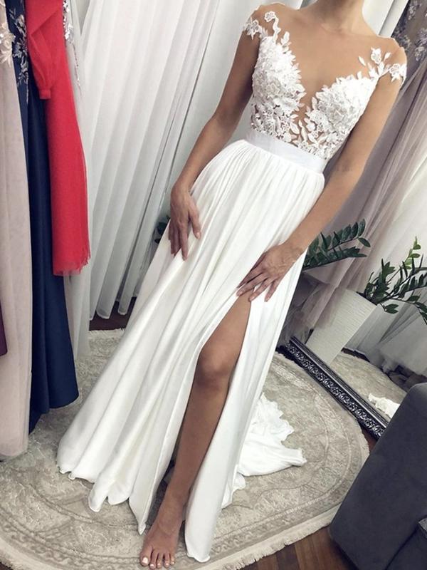 Cap Sleeves White Lace Wedding Dresses, White Lace Long Prom Formal Dresses