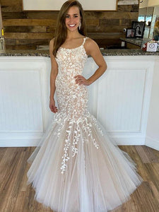 Champagne Mermaid Lace Prom Dresses, Champagne Mermaid Lace Long Fomal Wedding Dresses