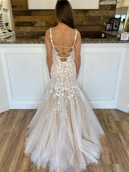 Champagne Mermaid Lace Prom Dresses, Champagne Mermaid Lace Long Fomal Wedding Dresses