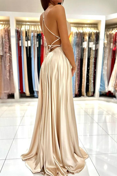 Champagne Satin Backless Long Prom Dresses, Open Back Champagne Long Formal Evening Dresses
