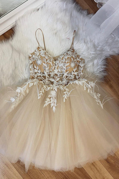 Champagne Tulle Lace Short Prom Homecoming Dresses, Champagne Lace Formal Graduation Evening Dresses EP1695