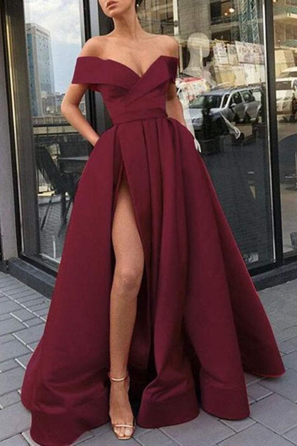 Burgundy Off Shoulder Satin Prom Dress with Lace, A Line Cheap Formal  Dresses N1571 – Simibridaldresses