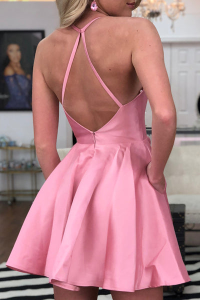 Cute A Line Backless Pink Satin Short Pom Homecoming Dresses, Backless Pink Formal Dresses, Pink Evening Dresses EP1584