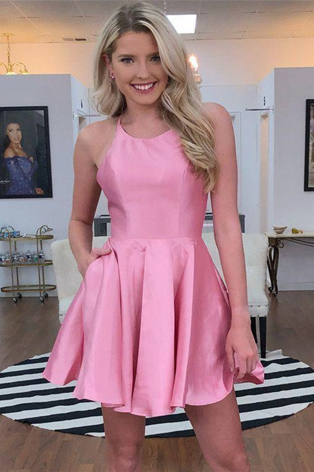 Pink Satin Homecoming Dress Plunging Neck Hot Pink Tight Satin Homecoming Dress With Lace-Up Pink Satin Homecoming Dress Plunging Neck Hot Pink Tight Satin Homecoming Dress With Lace-Up