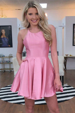 Cute A Line Backless Pink Satin Short Pom Homecoming Dresses, Backless Pink Formal Dresses, Pink Evening Dresses EP1584