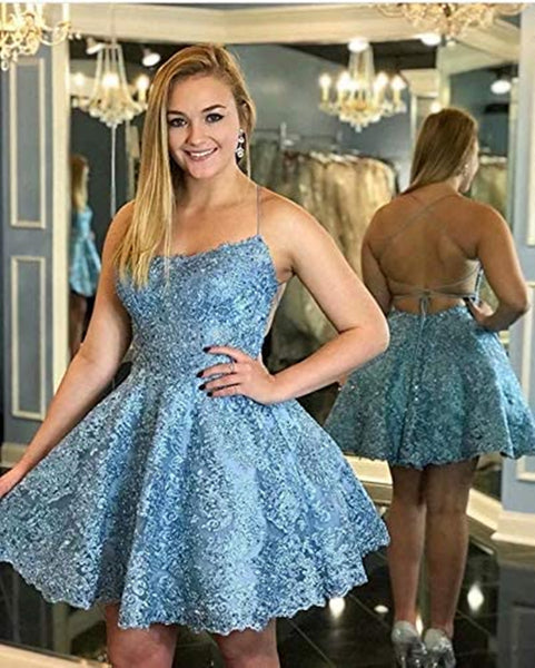 Cute Backless Blue Lace Short Prom Homecoming Dresses, Blue Lace Formal Graduation Evening Dresses 1528