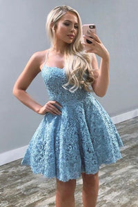 Cute Backless Blue Lace Short Prom Homecoming Dresses, Blue Lace Formal Graduation Evening Dresses 1528