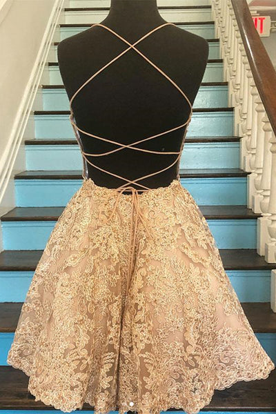 Cute Backless Short Golden Lace Prom Dresses, Golden Lace Homecoming Dresses, Short Golden Formal Evening Dresses EP1362