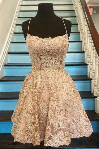 Cute Backless Short Golden Lace Prom Dresses, Golden Lace Homecoming Dresses, Short Golden Formal Evening Dresses EP1362