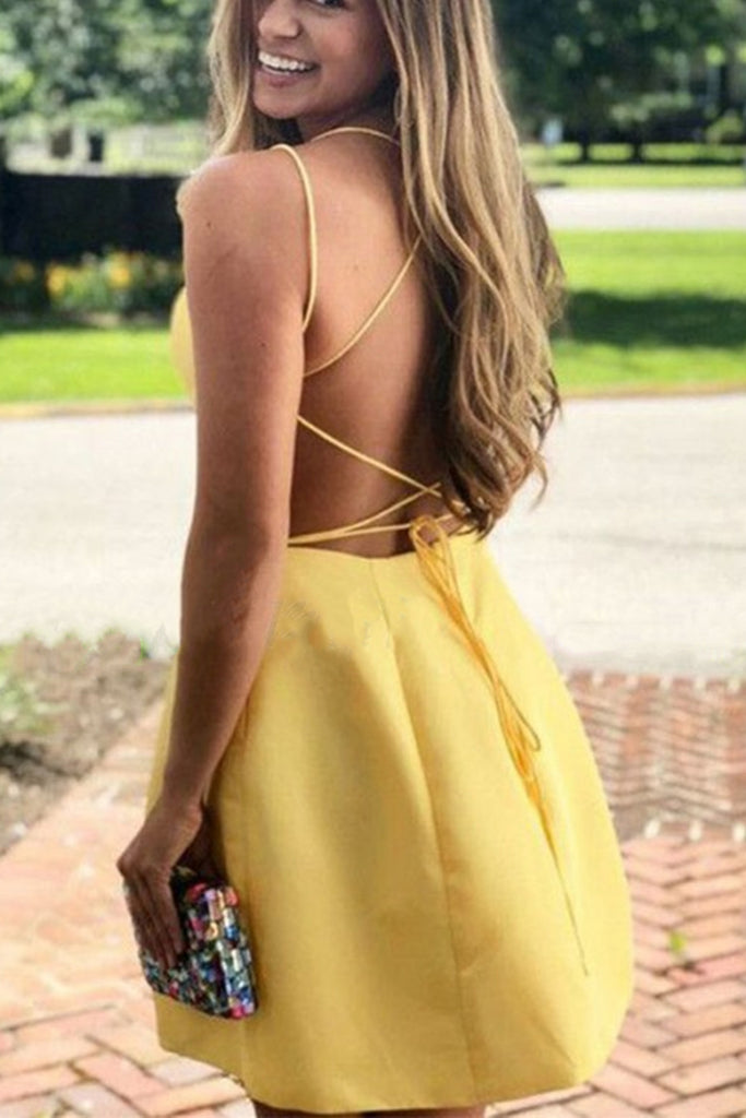 Cute Backless Yellow Satin Short Prom Dresses with Pocket, Backless Ye   Eip Collection