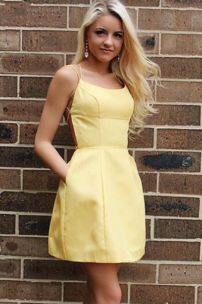 Cute Backless Yellow Satin Short Prom Dresses with Pocket, Backless Yellow Homecoming Dresses, Yellow Formal Evening Dresses EP1404