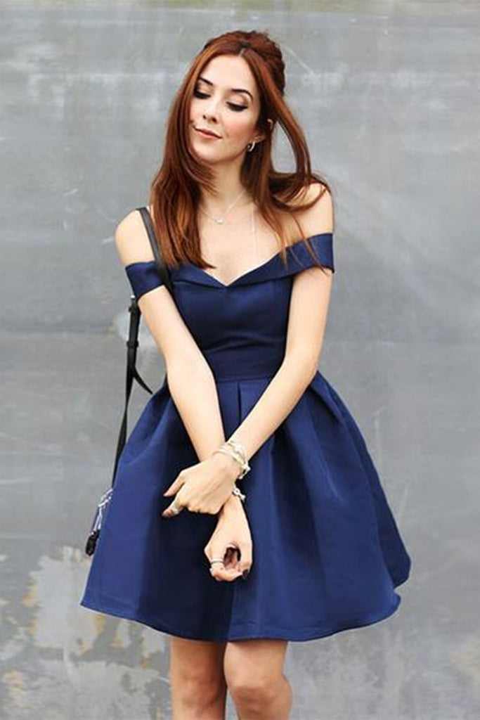 Cute Off Shoulder Dark Blue Short Prom Homecoming Dresses, Off the Sho Eip Collection Cute Off Shoulder Dark Blue Short Prom Homecoming Dresses, Off the Sho Eip Collection