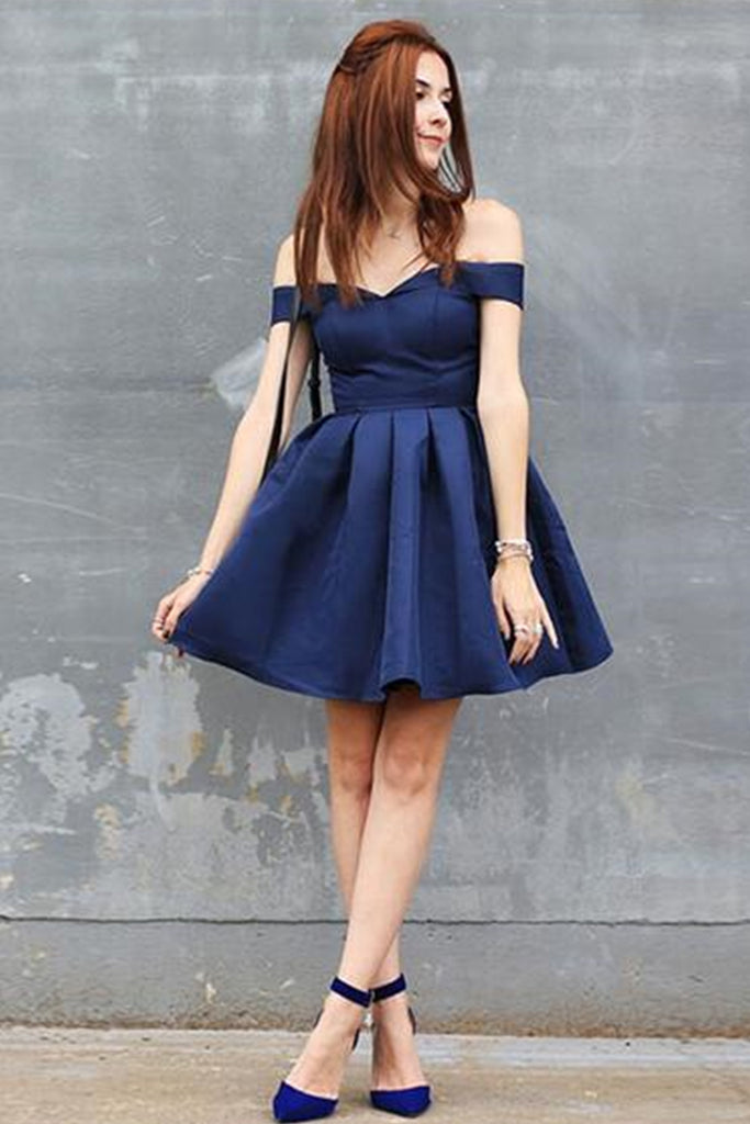 Cute Off Shoulder Dark Blue Short Prom Homecoming Dresses, Off the Sho Eip Collection Cute Off Shoulder Dark Blue Short Prom Homecoming Dresses, Off the Sho Eip Collection