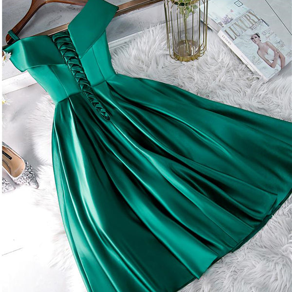 Cute Off Shoulder Green Satin Short Prom Dresses, Off the Shoulder Green Homecoming Dresses, Green Formal Evening Dresses EP1592