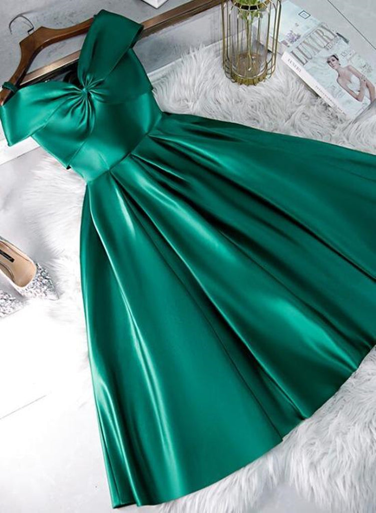 Cute Off Shoulder Green Satin Short Prom Dresses Off the Shoulder Gre Eip Collection