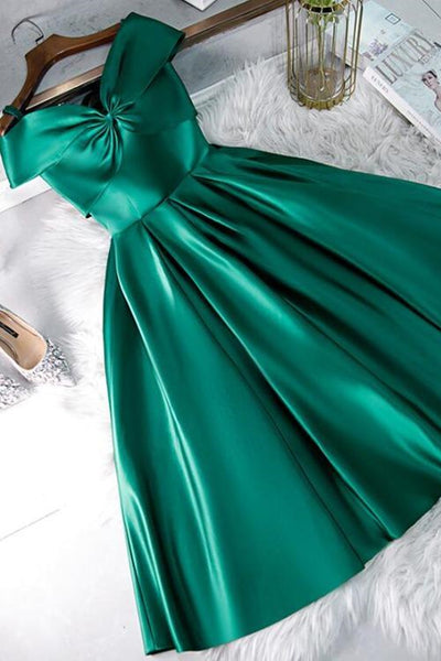 Cute Off Shoulder Green Satin Short Prom Dresses, Off the Shoulder Green Homecoming Dresses, Green Formal Evening Dresses EP1592